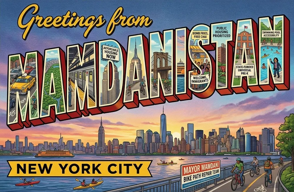 Vintage travel postcard — Greetings from Mamdanistan, New York City